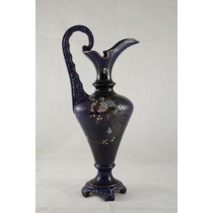 Large Midnight Blue Earthenware Ewer, Attributed To Fives-lille, Late 19th, Early 20th Century
