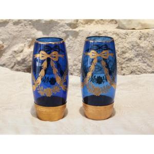 Pair Of Engraved And Gilded Blue Glass Vases With Brass Mounts, Late 19th Century