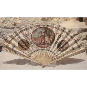 Printed Paper Fan With Bone Ribs, Duvelleroy Elysée Palace Hotel, Circa 1900