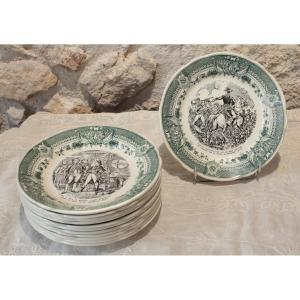 12 Sarreguemines Earthenware Talking Plates, Napoléon Bonaparte, Mid-19th Century