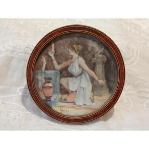 Watercolor 'rite Cultuel Grec' Signed Louis Hista (1851-1934) For émile Langlade (1863-1939)