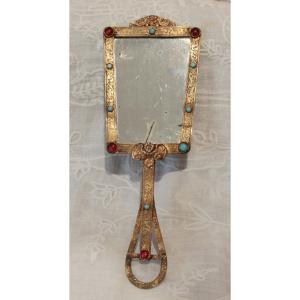 Hand Mirror In Gilded Brass And Cabochons Late 19th Century