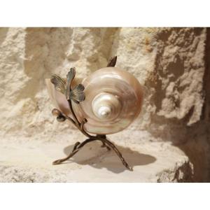 Mother-of-pearl Shell With Ormolu Lizard And Plant Stems Late 19th Century