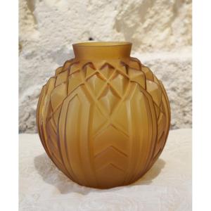 Ball Vase In Amber Satin-finish Molded Glass Signed Cla, Art Deco, Circa 1930