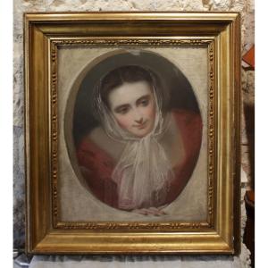Large Pastel, 'woman With A Scarf' Circa 1850-1870