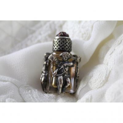 Miniature Glass Perfume Bottle And Silver Frame 'cupid' Period Late 19th Century