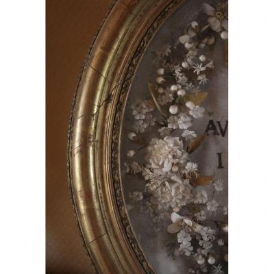 Oval Frame In Golden Wood And Decor Of Flowers In Fabric In Remembrance Of 'april 6, 1864'