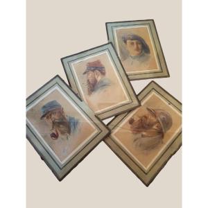 Séries Of Gouaches "poilus"soldiers