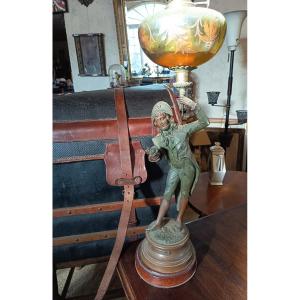 Polychrome Spelter Oil Lamp L.raphael