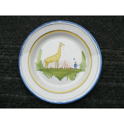 Waly Earthenware Plate XIXth Decor With Giraffe And His Cornac