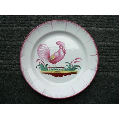 XIXth Islettes Earthenware Plate With Rooster On Barrier Decor