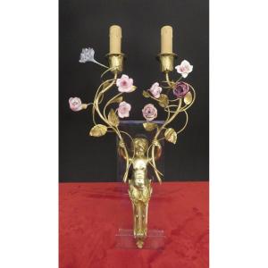 Pair Of Gilt Bronze Sconces With Porcelain Flowers, XIXth Century