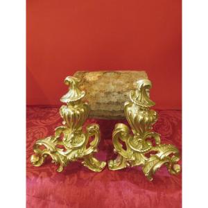 Paire de chenets de style Rocaille fin XIX ème en bronze doré