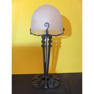 Large Art Deco Lamp (ht 48 Cm) From The Years 1925-1930 In Wrought Iron, Engraved Globe