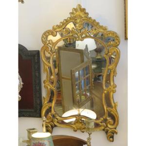 Mirror With Glazing Beads In Carved And Gilded Wood, (height 85 Cm) XIX Th