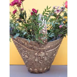 Basket With Embossed Brass Handle, Interior In Tinned Zinc, Early 20th Century