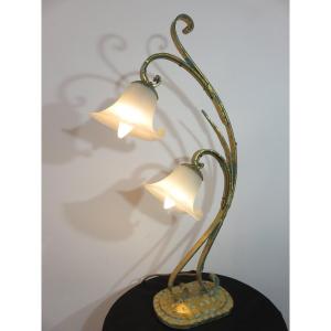 Lamp With Two Lights In Wrought Iron Decorated With Gold Leaf, Tulips Glass Paste Twentieth