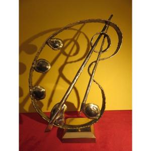 Sculpture Called "brutalist": Palette And Brushes In Steel And Bronze Signed Calain