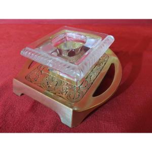 Art Deco Inkwell In Bronze And Crystal Signed Lalique France
