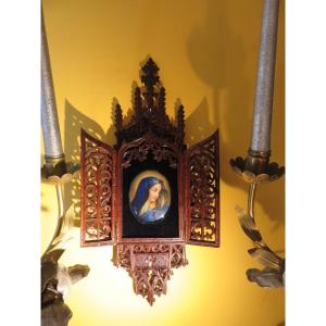 Triptyque de voyage en bois  avec une miniature peinte sur porcelaine  de Marie Madeleine 