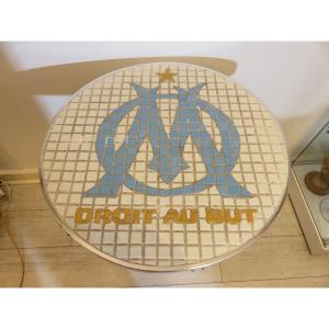 Bistro Pedestal Table With The Inscription Of The Motto Of Olympique De Marseille: Straight To The Goal 
