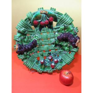 Braided Polychrome Ceramic Dish, Relief Fruit Decoration, Diameter 38 Cm, 1950s