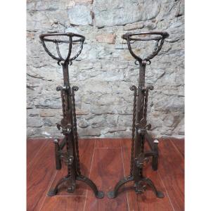 Pair Of Wrought Iron Landiers Or Rigodets With Three Hooks, Fleur-de-lys Decoration, 19th Century