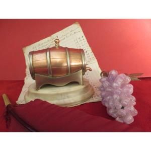 Paperweight, Brass Curiosity Object, Barrel-shaped, Mounted On Marble Base