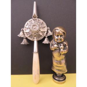 Whistling Rattle In Solid Silver, With Bells And Bone Handle 19th Century