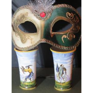 Pair Of Small Gien Scroll Vases With Rotating Decoration From The Comedy Dell "arte