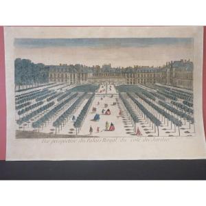 Engraving, 18th Century Optical View "perspective Of The Royal Palace From The Garden Side" By Mondhare