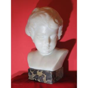 Carrara Marble Bust Of A Child And Portor Marble Base Signed Pugi (1850 - 1915)