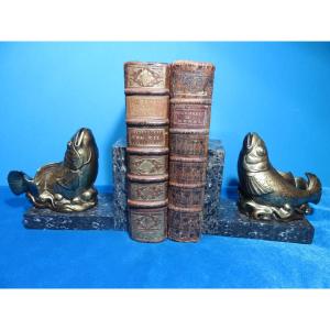 Pair Of Bookends With Japanese-style Koi Carp Theme, In Babbitt On A Black Marble Base 