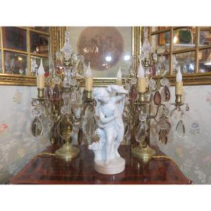 Pair Of Bronze Candelabra With Crystal Pendants (two Colours), With Four Lights, 19th Century 