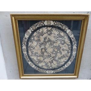 Large Circular Embroidery, Chinese, In Silk Thread, Framed, Early 20th Century 