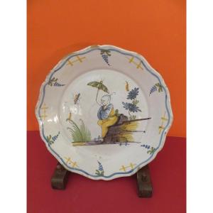 Nevers Earthenware Plate, Chinese Umbrella Decoration, 18th Century