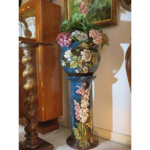 Flowerpot And Its Column In Polychrome Earthenware, Double Floral Decoration, Early 20th Century