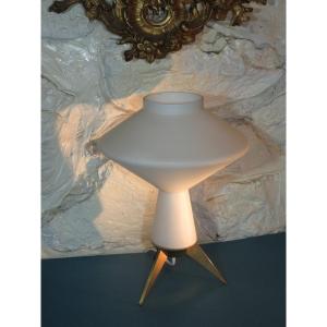 White Opaline Lamp, Brass Tripod Base, From The 1970s