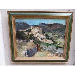 Oil On Canvas The Village Of Faucon In Vaucluse And Mont Ventoux Signed Rfj Destruel