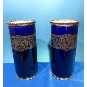 Pair Of Cobalt Blue And Gold Porcelain Roller Vases, Gilt Brass Mounts Circa 1900