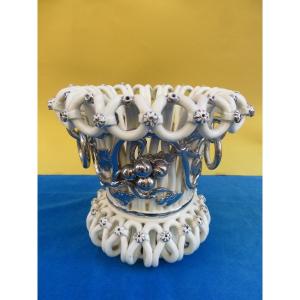 Langeais Earthenware Flowerpot, Platinum Decoration, Signed Charles De Boissimon, 19th Century