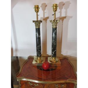 Pair Of Lamps: Cylindrical Marble Column, Bronze Corinthian Capital, Brass Base