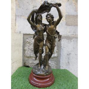 Sculpture Of A Couple In Spelter: "the Storm" (height 68 Cm) Signed E. Bruchon (1806-1895)