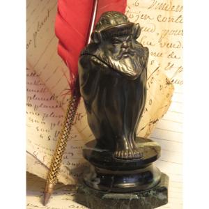 Inkwell In The Shape Of A Gnome, In Bronze, Marble Base