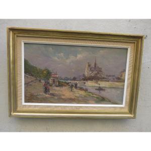 Oil Painting On Canevas Of The Banks Of The Seine And Notre Dame Cathedral , Signed XIX 