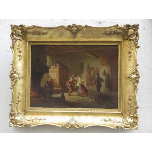 Oil Painting On Panel, Tavern Scene, Dutch School, 19th Century
