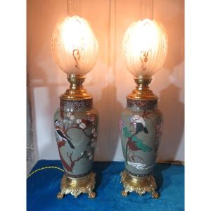 Pair Of Electrified Oil Lamps In Enamelled Ceramic, Crystal Globes, 19th Century