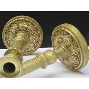 Pair Of Gilt Bronze Candlesticks From The 19th Century Restoration Period 