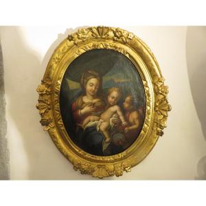 Religious Painting The Virgin And Child And Saint John The Baptist 18th Century, Gilded Wooden Frame 18th Century