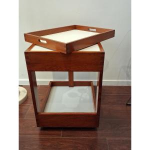 Rolling Serving Table With Removable Serving Tray, In Wood And White Melamine, 1960s